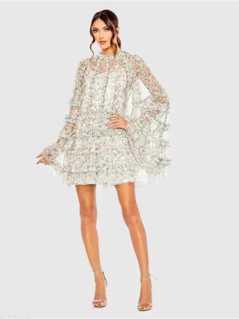 Mac Duggal 8007 Floral Print Long Flare Sleeve Mesh A-Line Dress Size 6 NWOT